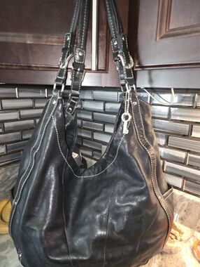 Black Fossil Leather Hobo Bag
